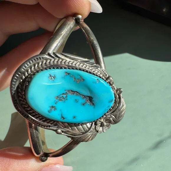 Vintage Navajo Signed MB Sterling Silver and Turquoise cuff Bracelet